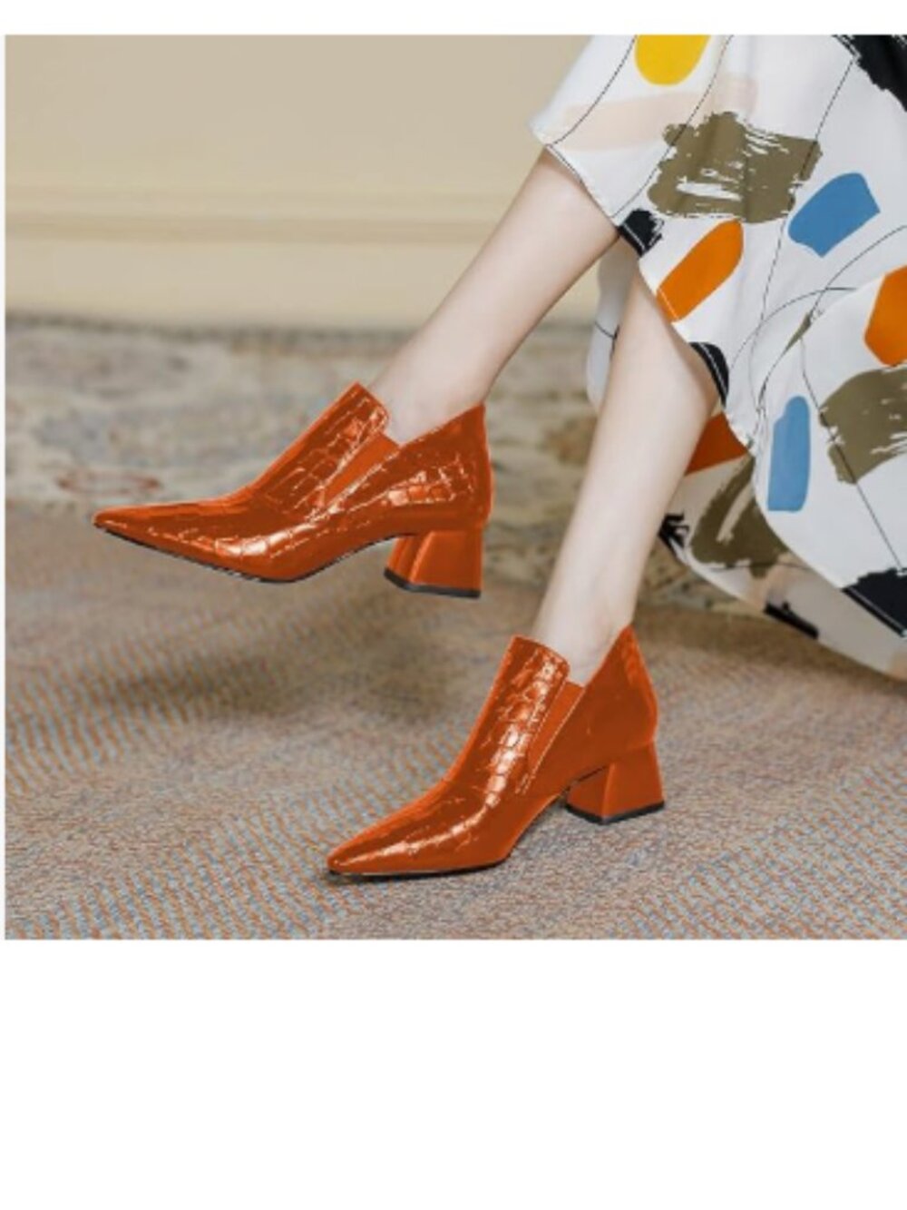 YDN Orange Pointed Toe Ankle Boots Chunky Low Heel Booties Pull on Elastic Shoe